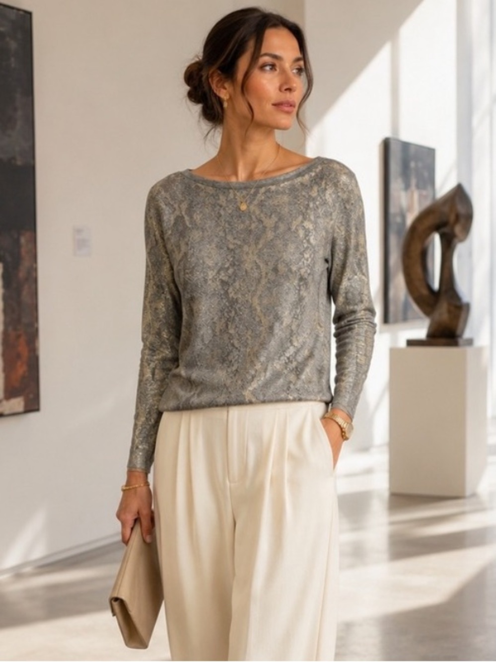 New with tags Chico’s MED silver metallic gray animal bateau pullover sweater